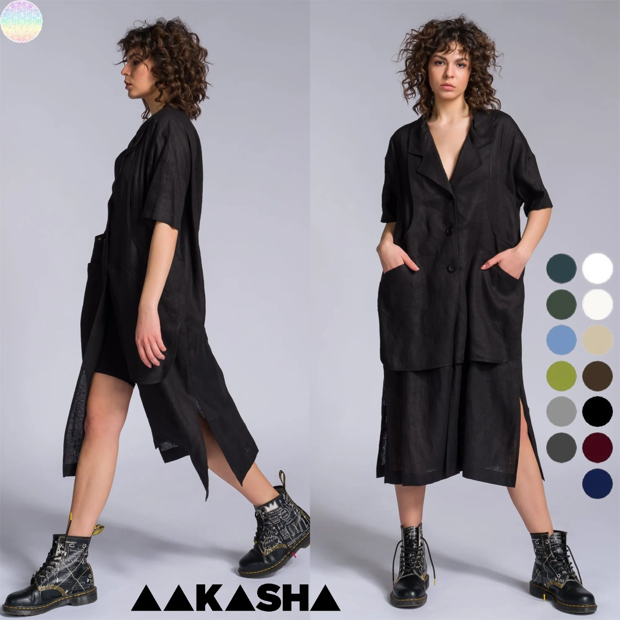 Aakasha  |Linen Plain Medium Short Sleeves Bold Front Button