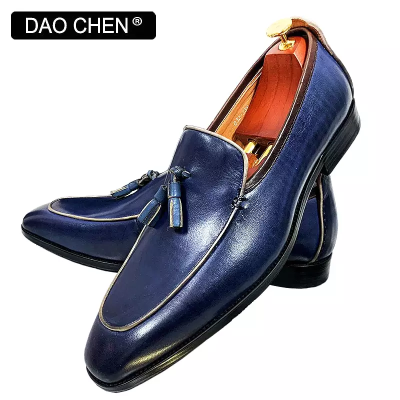 BLUE BLACK TASSEL LOAFERS SLIP ON ELEGANT MEN DRESS SHOES