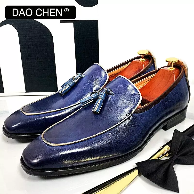 BLUE BLACK TASSEL LOAFERS SLIP ON ELEGANT MEN DRESS SHOES