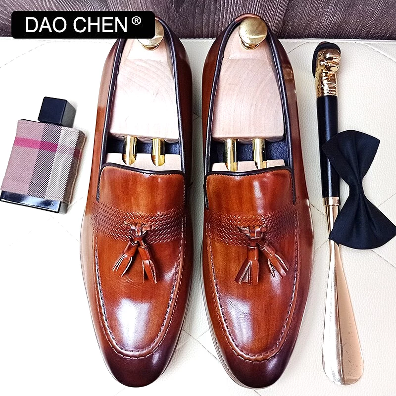 BROWN SLIP ON MAN SHOE TASSELS WEAVE DRESS SHOES WEDDING OFFICE GENUINE LEATHER LOAFERS FOR MEN