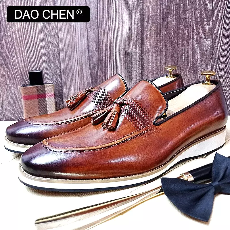 BROWN SLIP ON MAN SHOE TASSELS WEAVE DRESS SHOES WEDDING OFFICE GENUINE LEATHER LOAFERS FOR MEN