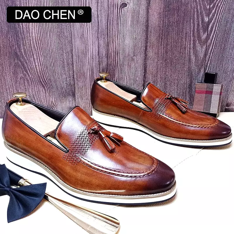 BROWN SLIP ON MAN SHOE TASSELS WEAVE DRESS SHOES WEDDING OFFICE GENUINE LEATHER LOAFERS FOR MEN