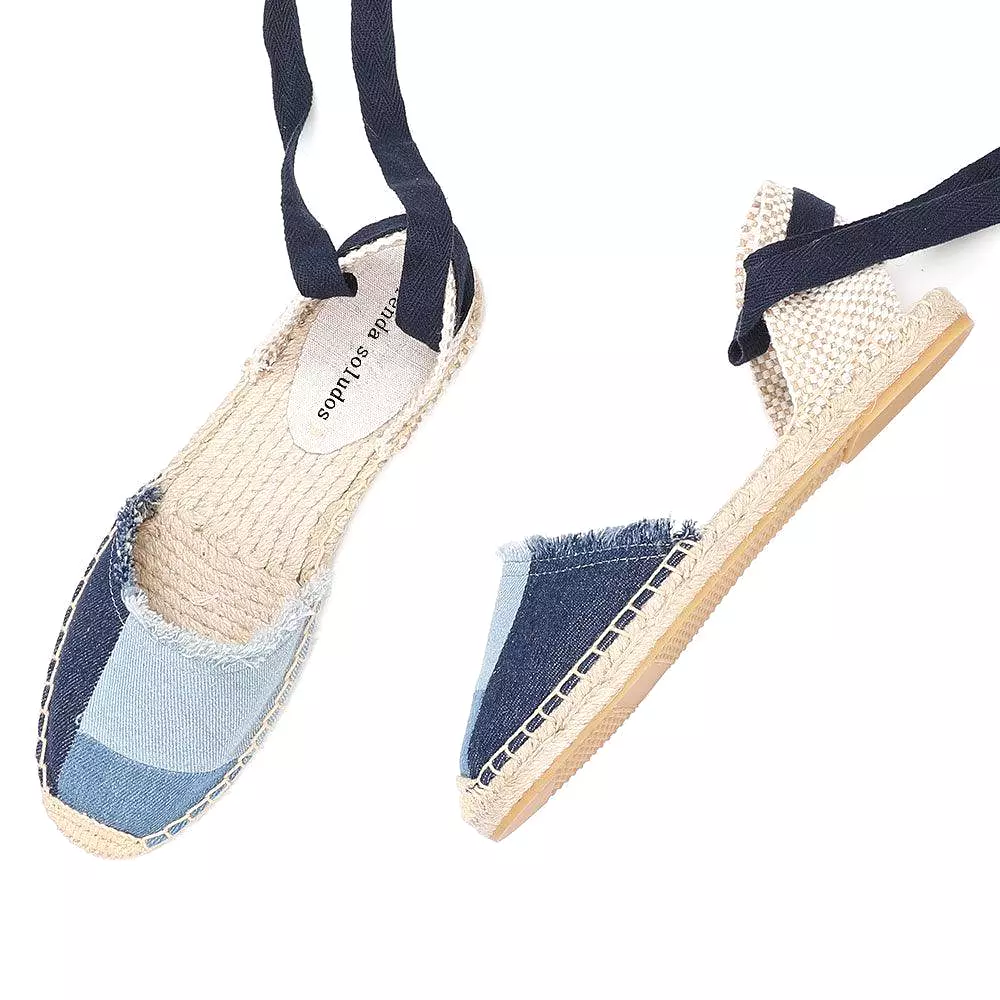 Denim T-Strap Espadrilles Flat Sandals