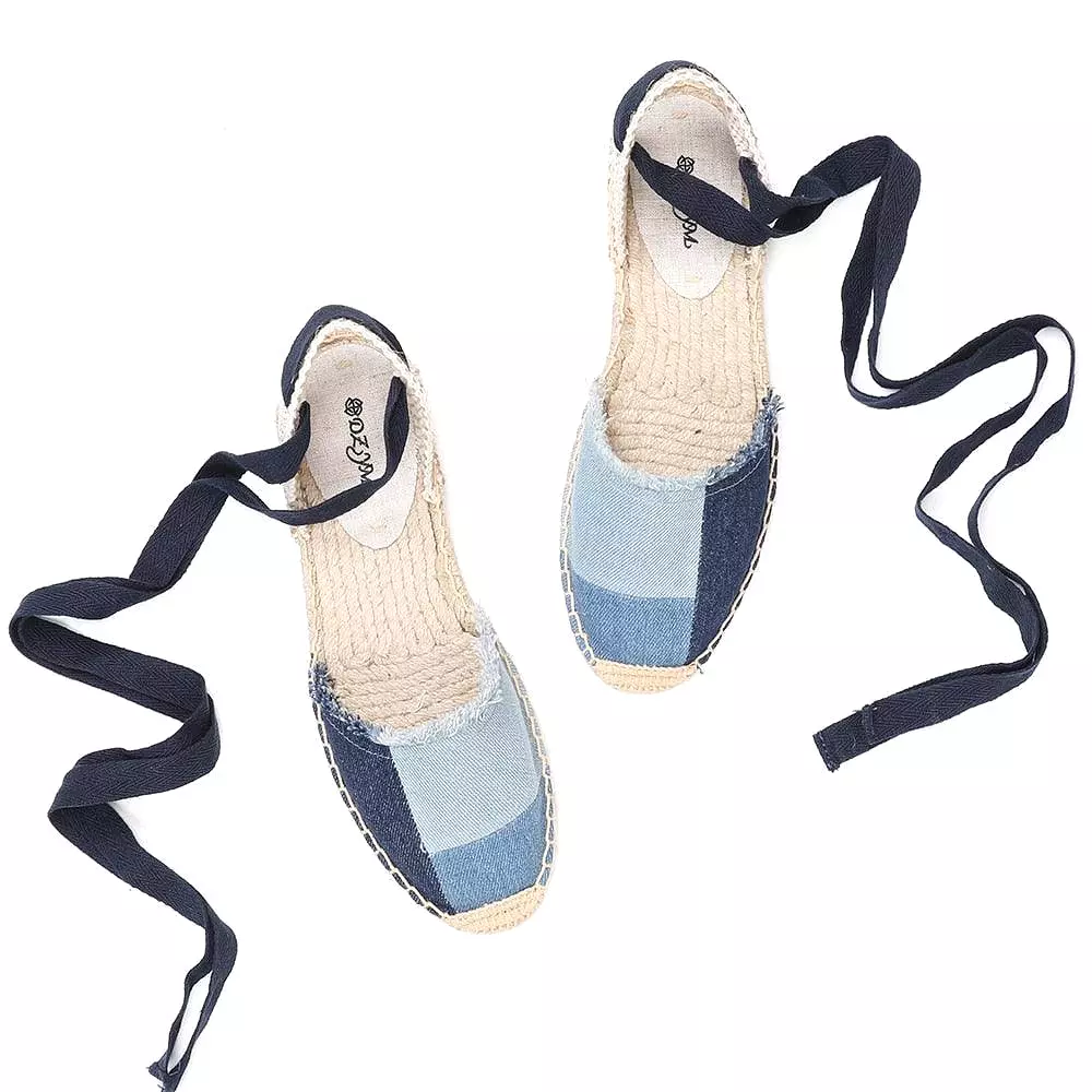 Denim T-Strap Espadrilles Flat Sandals