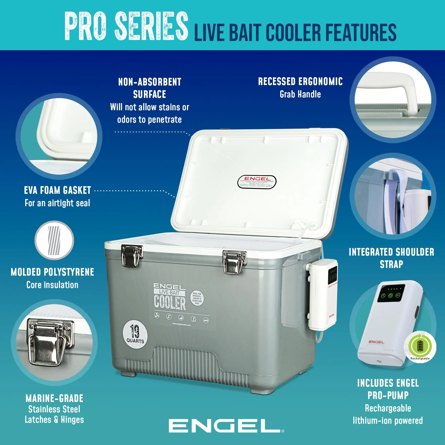 Engel 7.5Qt Live bait Pro Cooler with AP3 Rechargeable Aerator & Stainless Hardware