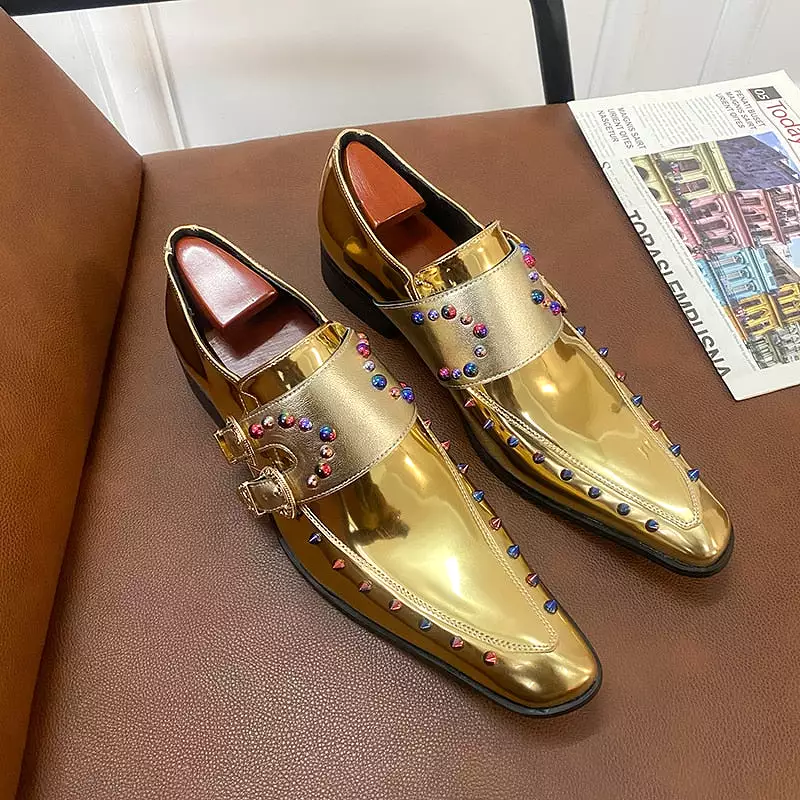 Gold Men Dress Shoes Rivet Breathable Square Men Loafers