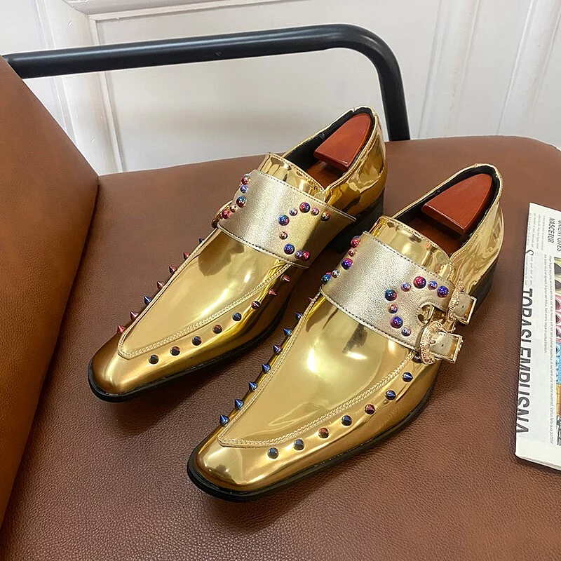 Gold Men Dress Shoes Rivet Breathable Square Men Loafers