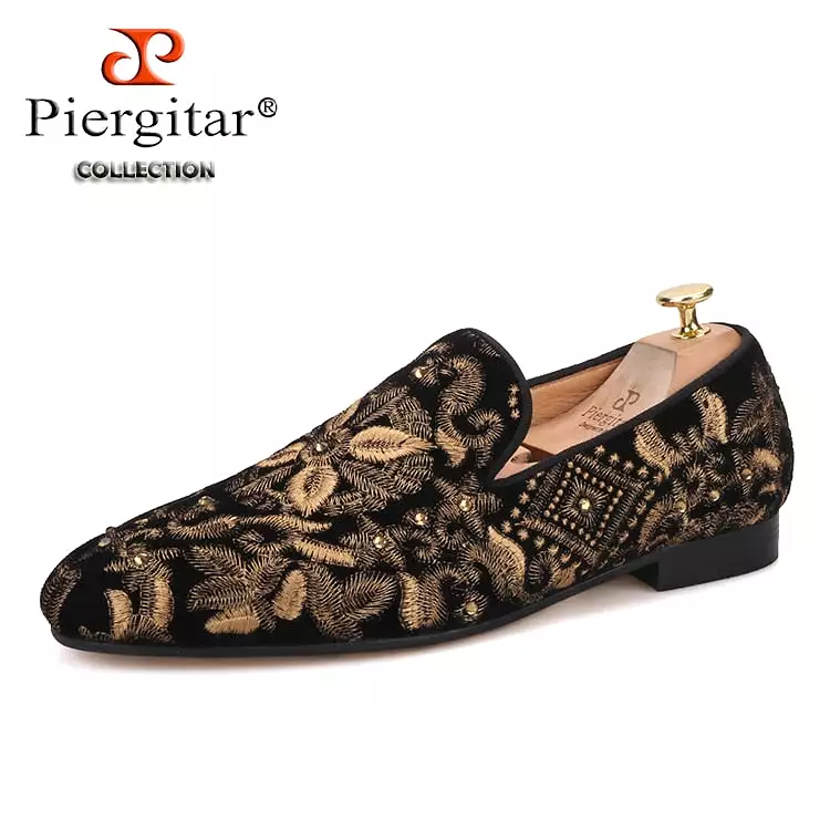 Handmade Men Loafers With Full Gold Embroidery Slip-on Fashion party and wedding men dress shoes smoking slippers