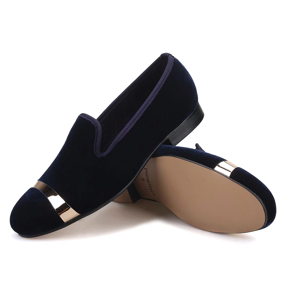 Handmade men navy velvet shoes with gold metal wedding and banquet male loafers