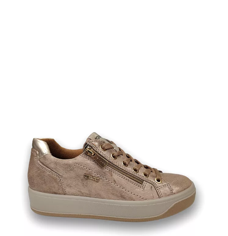 Ladies IGI & Co Lace Up Sneakers Platform Taupe Metallic Combo Zip 4668855