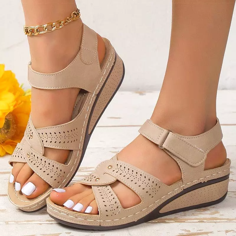 Low Heel Leather Wedge Sandals