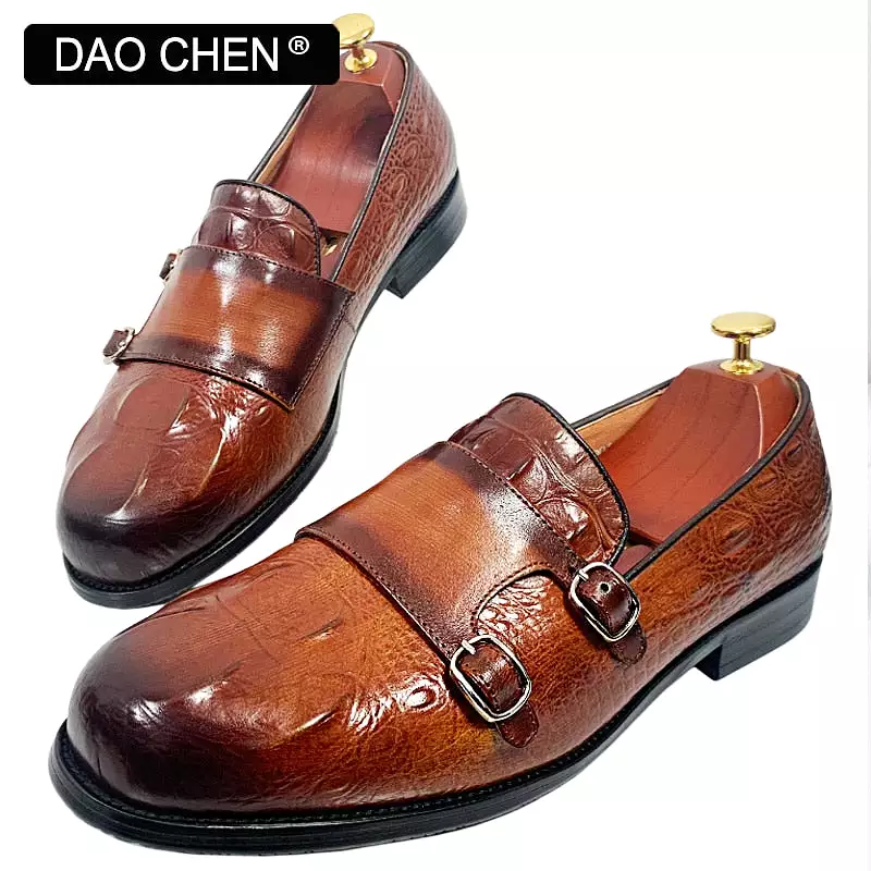 LUXURY BRAND MEN SHOES FASHION DESIGNER MAN LOAFERS SHOE DOUBLE MONK SHOES CROCODILE PRINTS LEATHER CASUAL SHOES FOR MEN