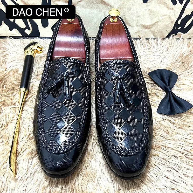 LUXURY PLAID PRINT WEAVE CASUAL SHOES BLACK BROWN WEDDING OFFICE DRESS MAN SHOES LOAFERS MEN