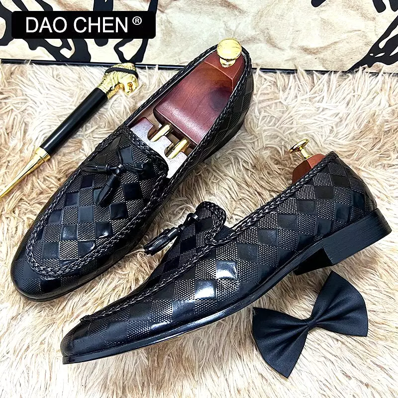 LUXURY PLAID PRINT WEAVE CASUAL SHOES BLACK BROWN WEDDING OFFICE DRESS MAN SHOES LOAFERS MEN