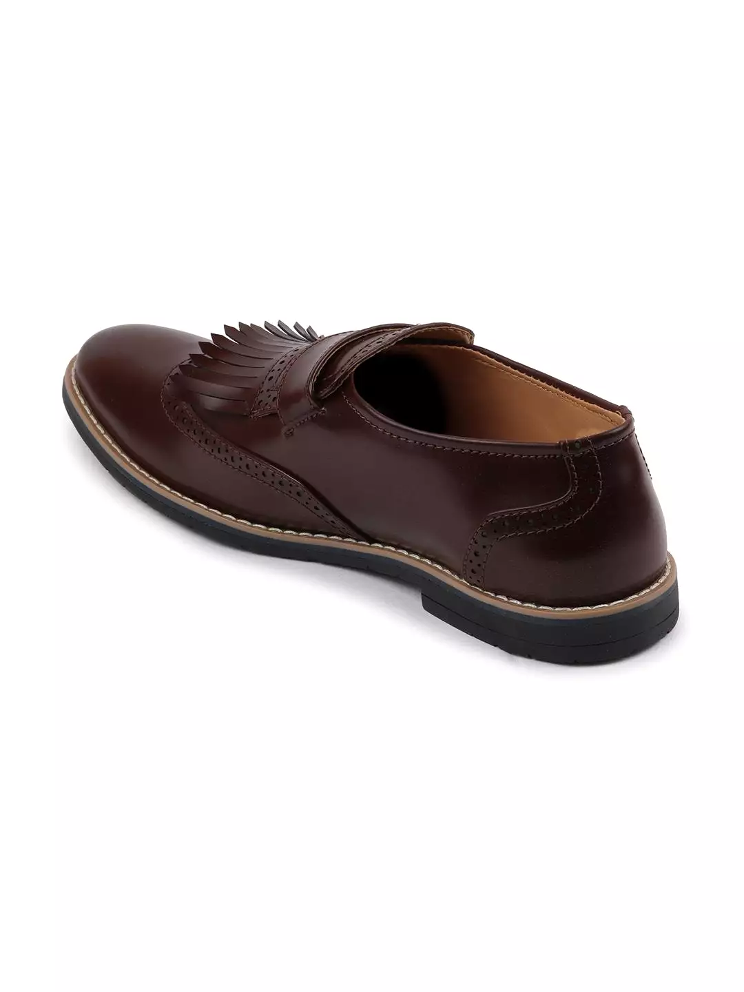 Men Brown Monk Single Strap Fringe Formal Shoes with TPR Welted Sole