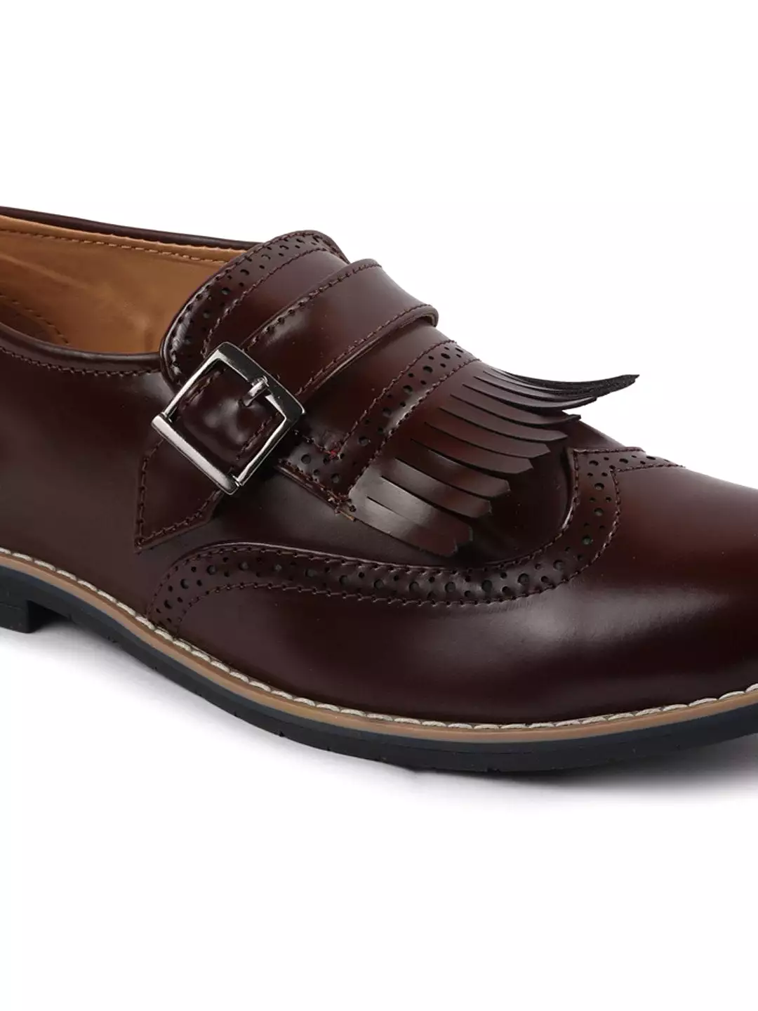 Men Brown Monk Single Strap Fringe Formal Shoes with TPR Welted Sole