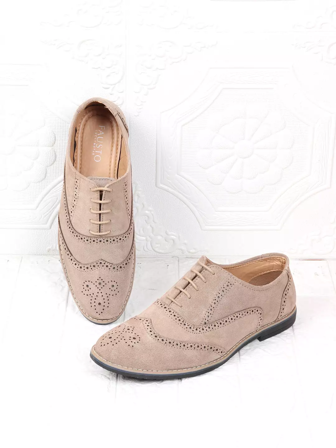 Men Camel Suede Leather Brogue Shoes with TPR Welted Sole