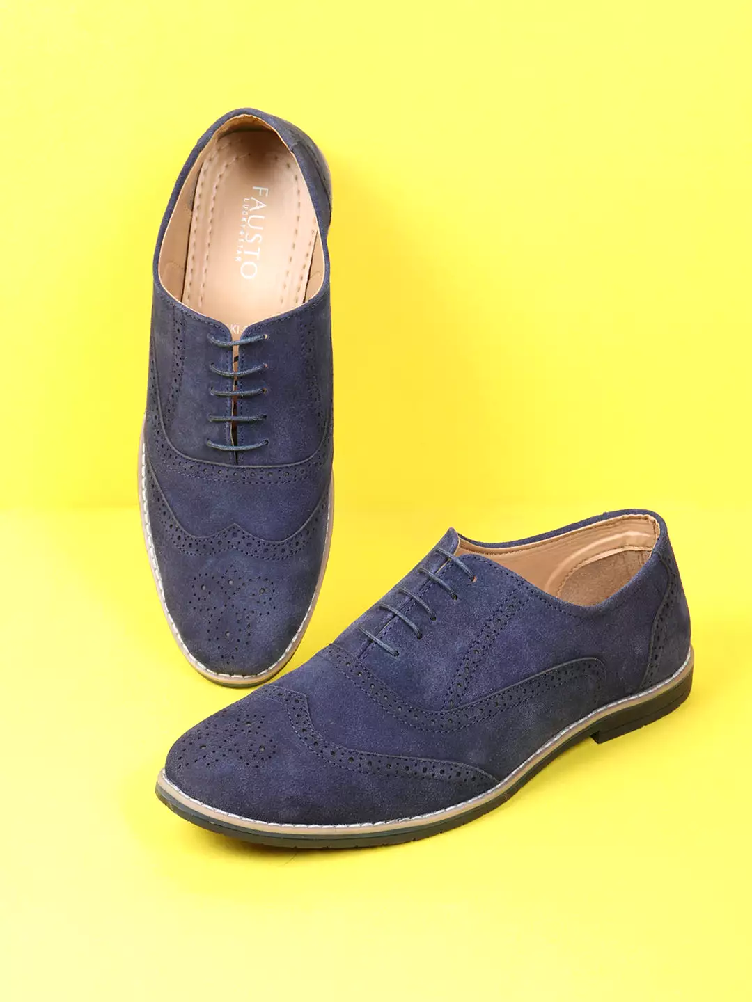 Men Navy Suede Leather Brogue Shoes with TPR Welted Sole