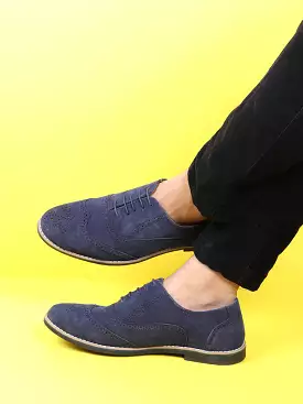 Men Navy Suede Leather Brogue Shoes with TPR Welted Sole