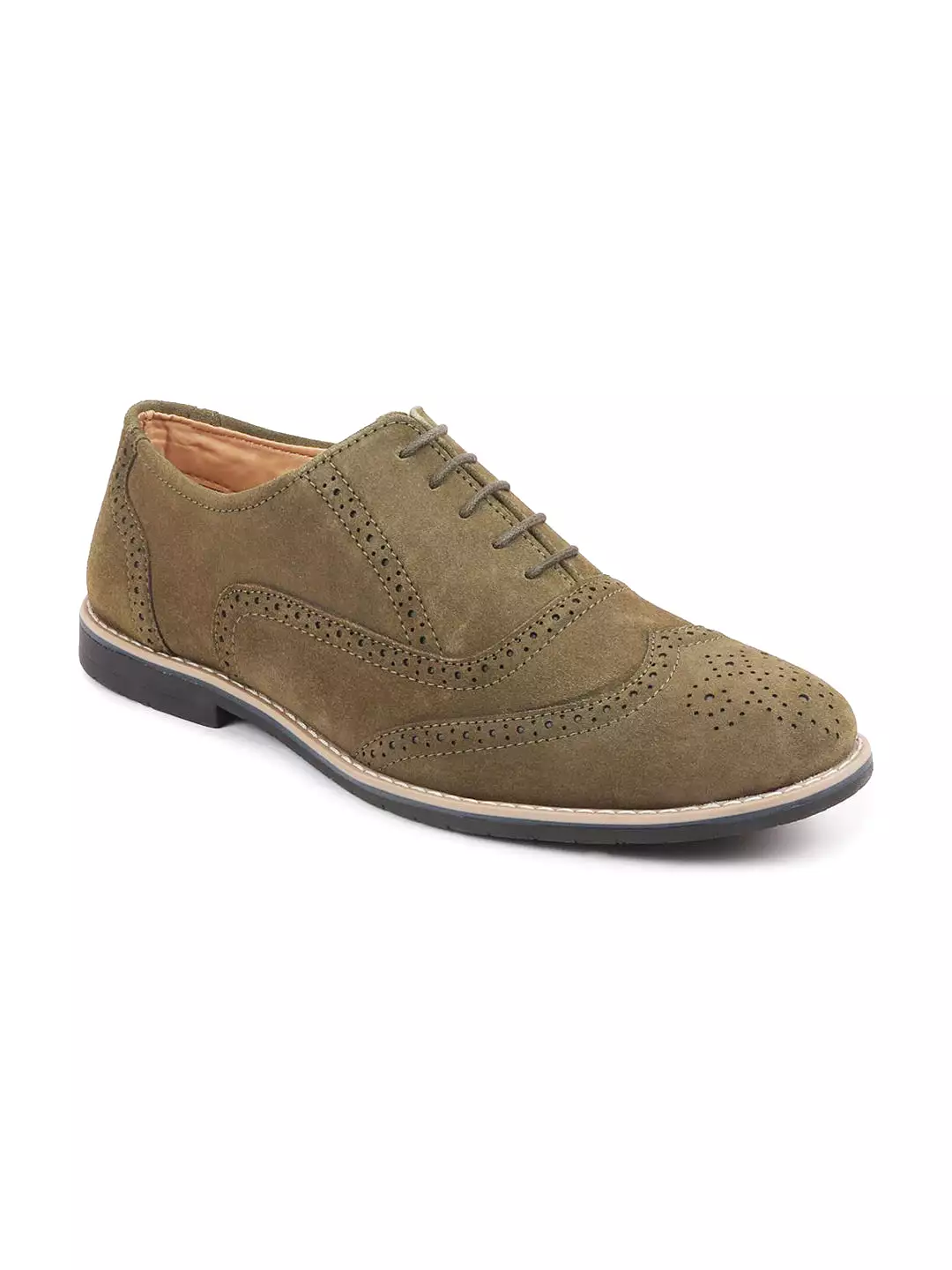 Men Olive Suede Leather Brogue Shoes with TPR Welted Sole