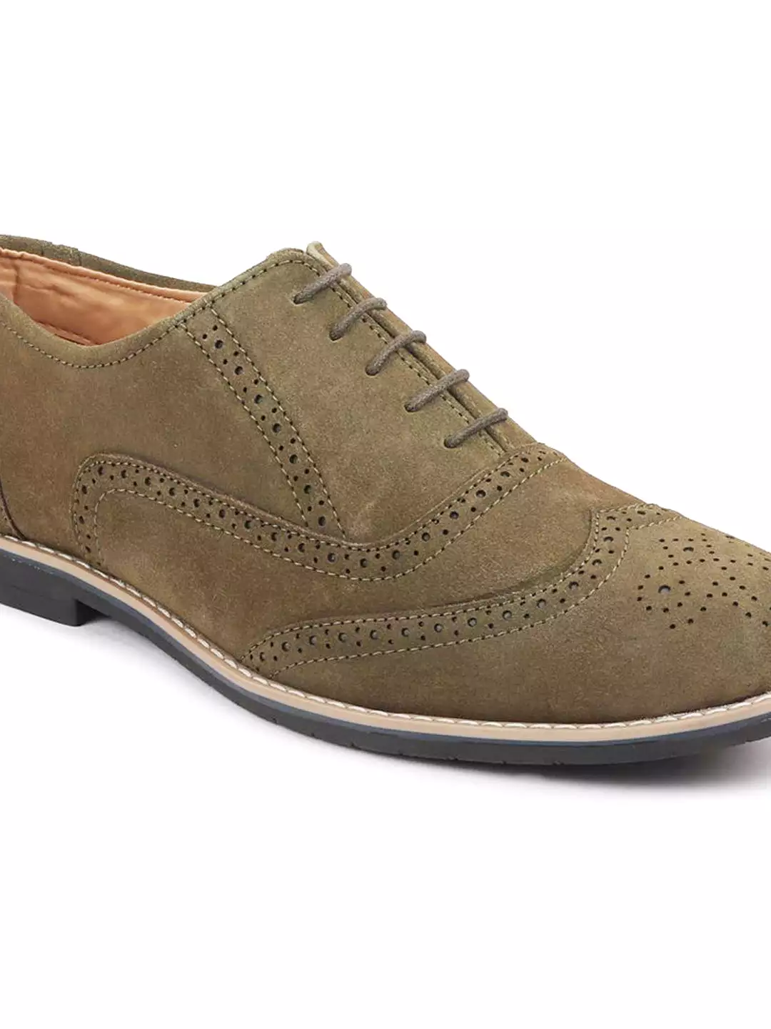 Men Olive Suede Leather Brogue Shoes with TPR Welted Sole