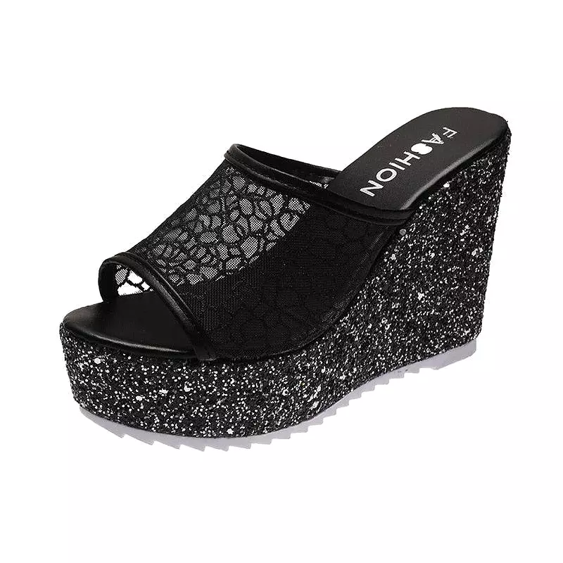 Mesh Platform Slip On Wedge Sandals