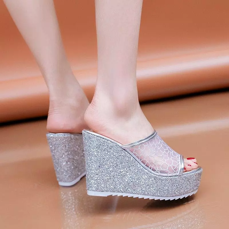 Mesh Platform Slip On Wedge Sandals