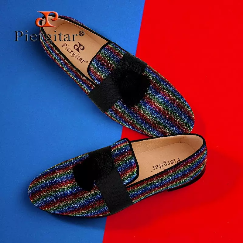 Multicolor Lurex Canvas Slippers Fringed Embellishments Handcrafted Men Loafers