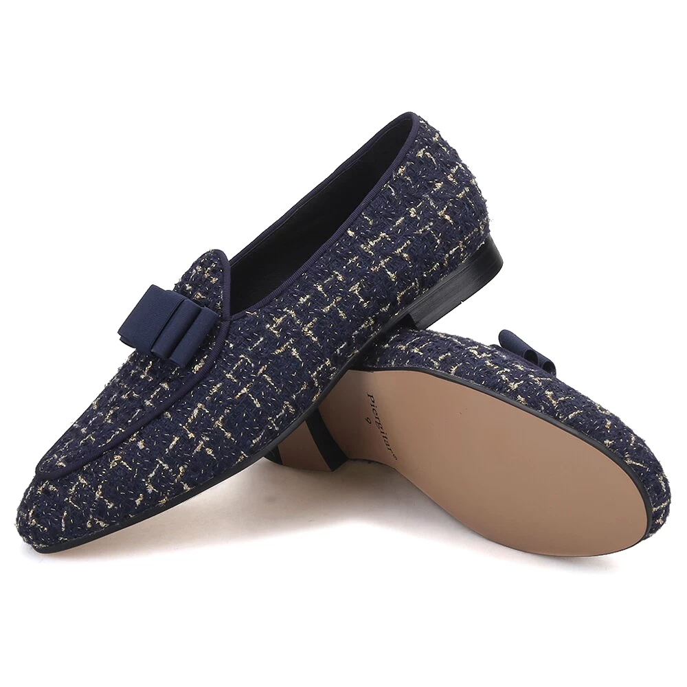 New Multi-Color Blend Cotton Jacquard Men Belgian Loafers Handcrafted Bowtie Design Slip-On