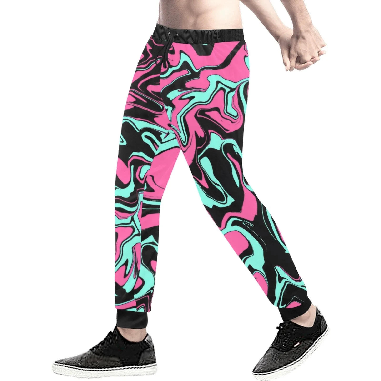 Pink Turquoise and Black Abstract Melt All Over Print Light-Weight Men's Jogger Sweatpants (Non Fleece Lined)