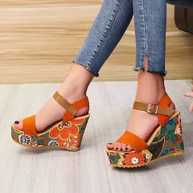 Printed Peep Toe Wedge Shoes