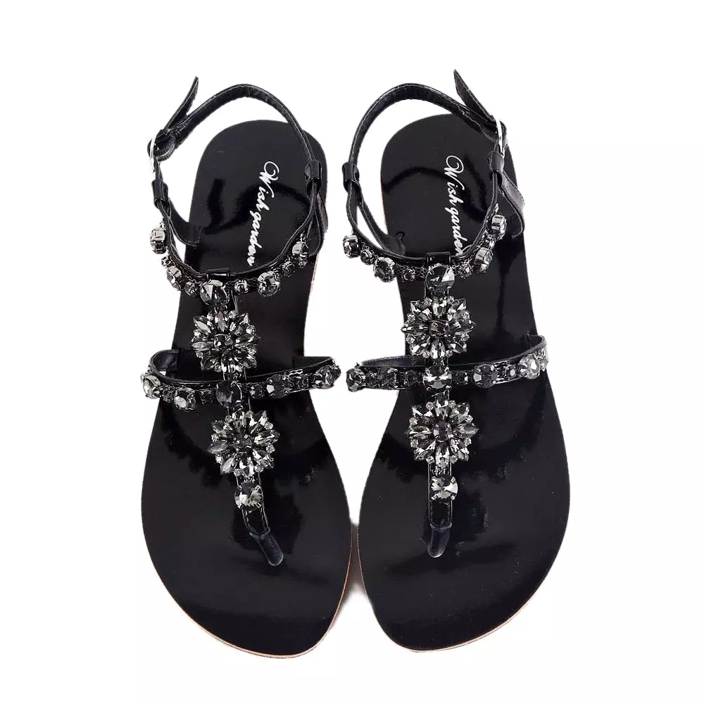 Rhinestones T-Strap Flat Sandals