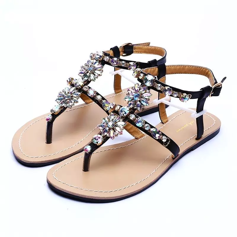 Rhinestones T-Strap Flat Sandals