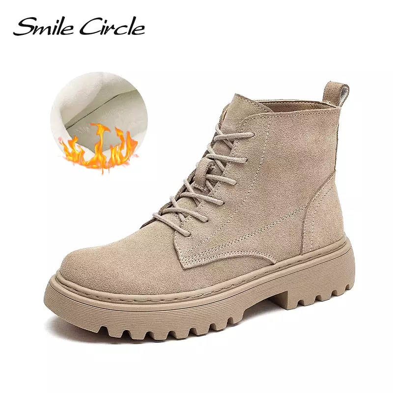 Smile Circle Ankle Boots Suede Leather women Flat platform Short Boots Ladies shoes fashion Autumn winter boots