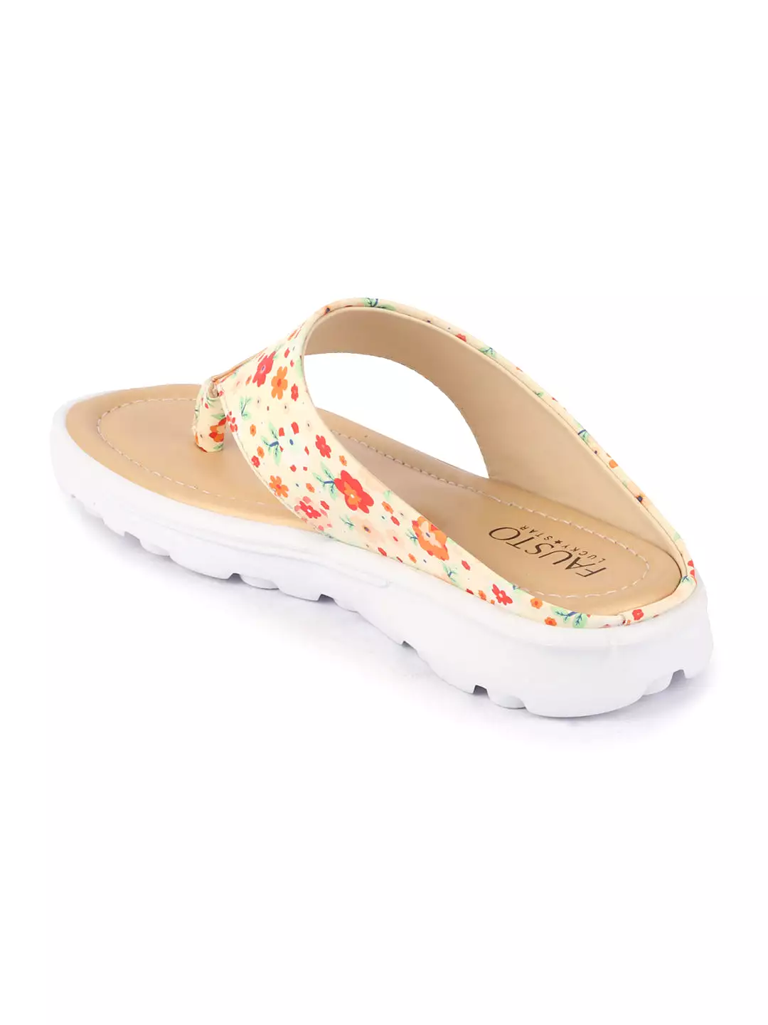 Women Beige Comfort Fashion Stylish Floral Print Design Strap Thong Flats Wedges Slipper