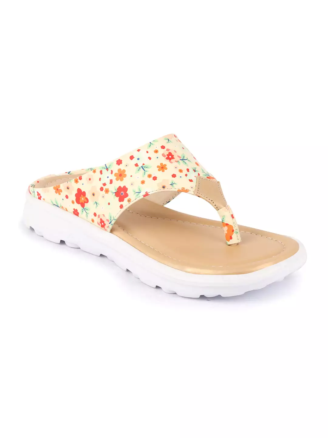 Women Beige Comfort Fashion Stylish Floral Print Design Strap Thong Flats Wedges Slipper