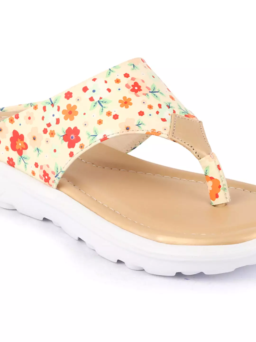 Women Beige Comfort Fashion Stylish Floral Print Design Strap Thong Flats Wedges Slipper