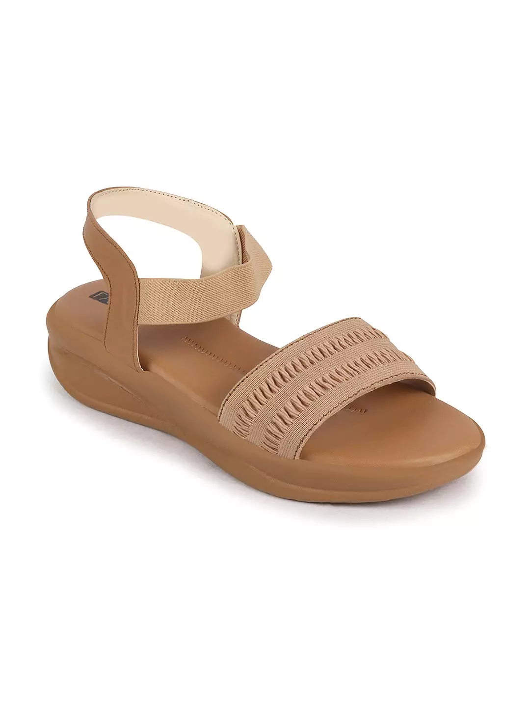 Women Camel Open Toe Platform Woven Design Slip On Sandals