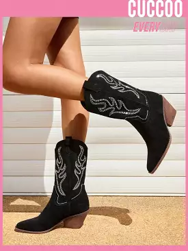 Women Embroidery Point Toe Chunky Heeled Fashion Boots, Vacation Black Western Boots