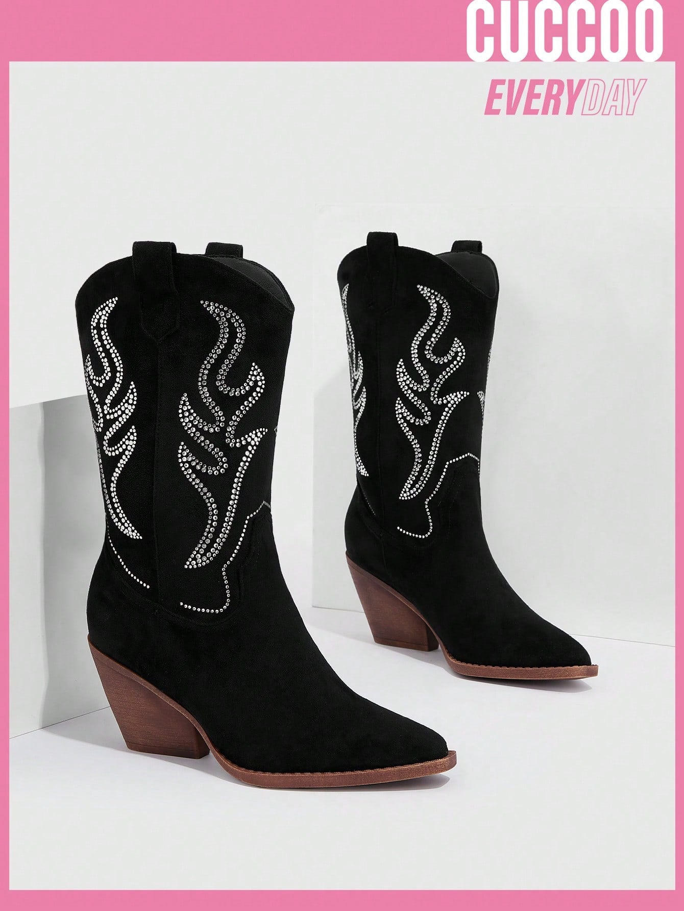 Women Embroidery Point Toe Chunky Heeled Fashion Boots, Vacation Black Western Boots