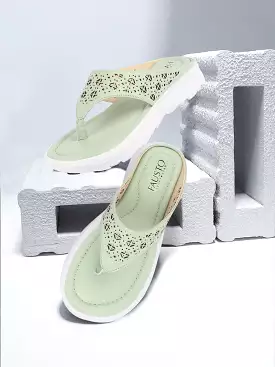 Women Green Party Fashion Stylish Laser Cut Design Strap Thong Flats Wedges Slipper