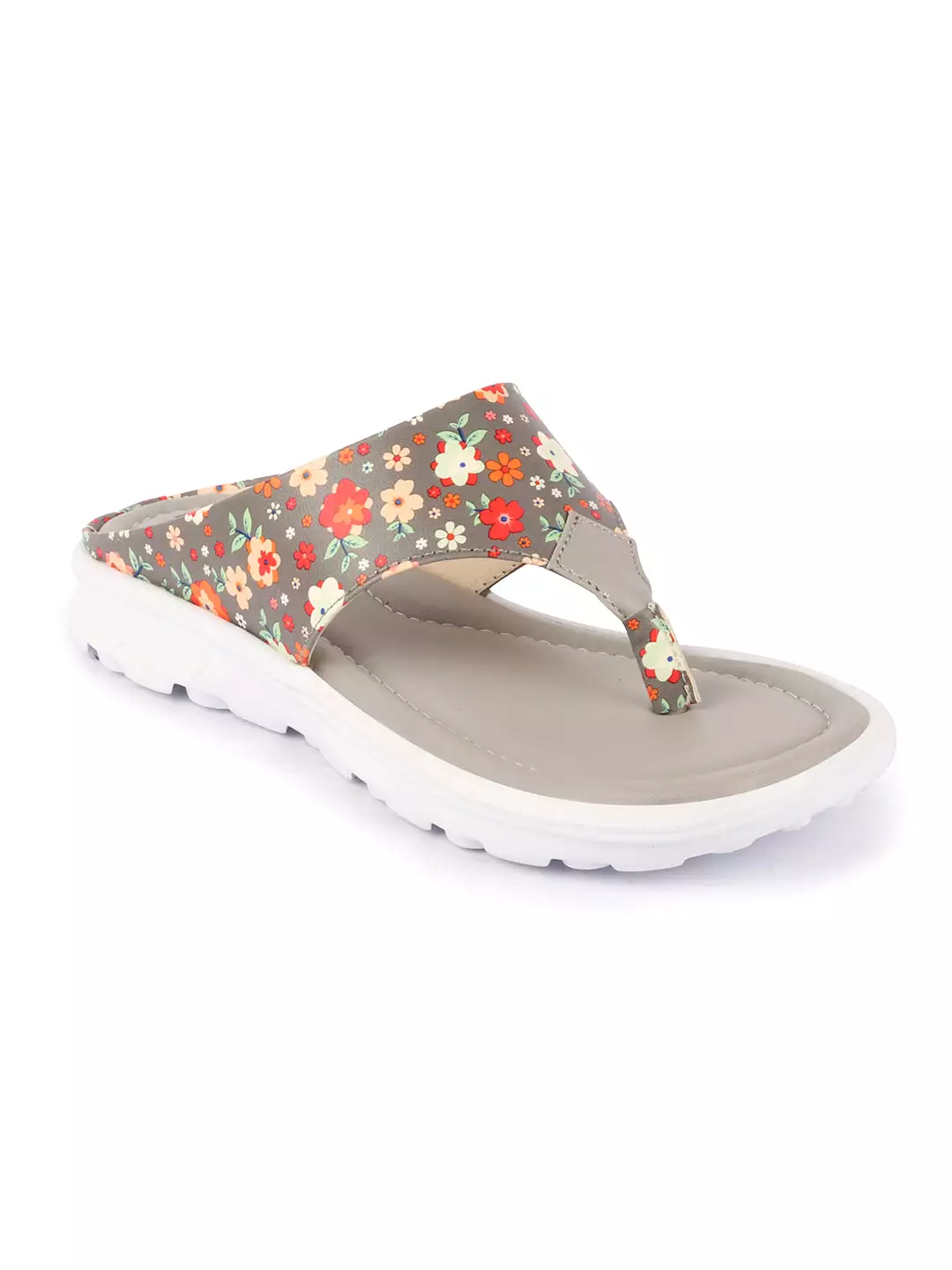 Women Grey Comfort Fashion Stylish Floral Print Design Strap Thong Flats Wedges Slipper