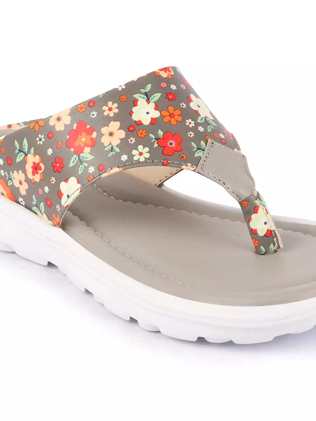 Women Grey Comfort Fashion Stylish Floral Print Design Strap Thong Flats Wedges Slipper