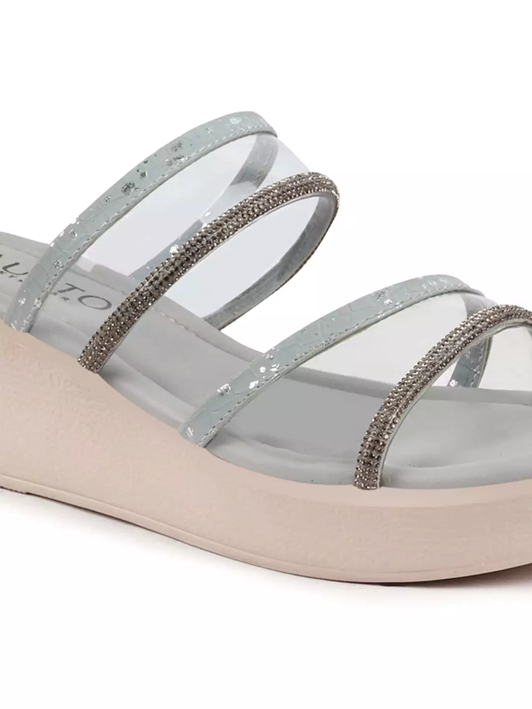 Women Grey Embellished Double Strap Slip On Wedge Sandal For Wedding|Party