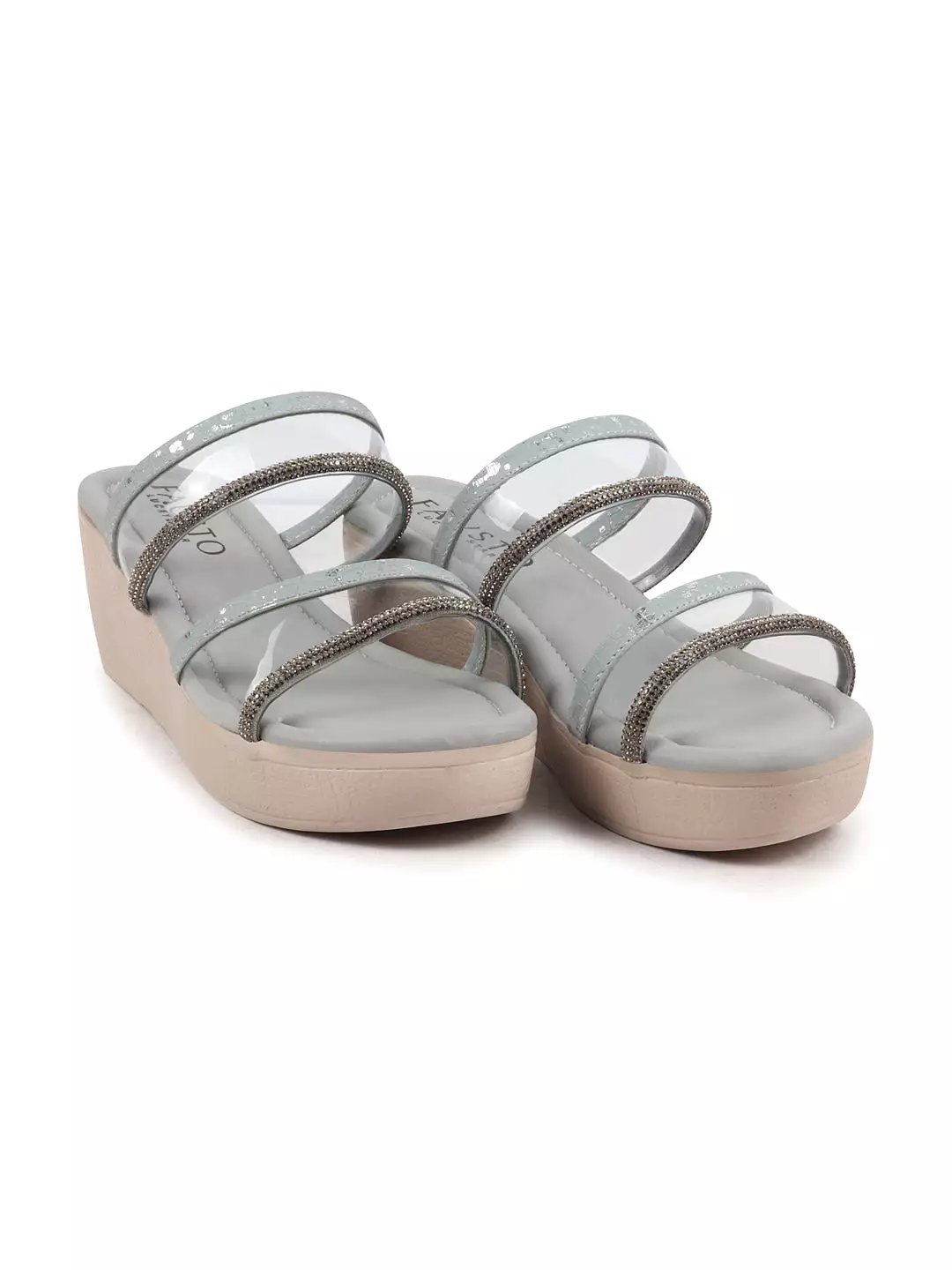 Women Grey Embellished Double Strap Slip On Wedge Sandal For Wedding|Party