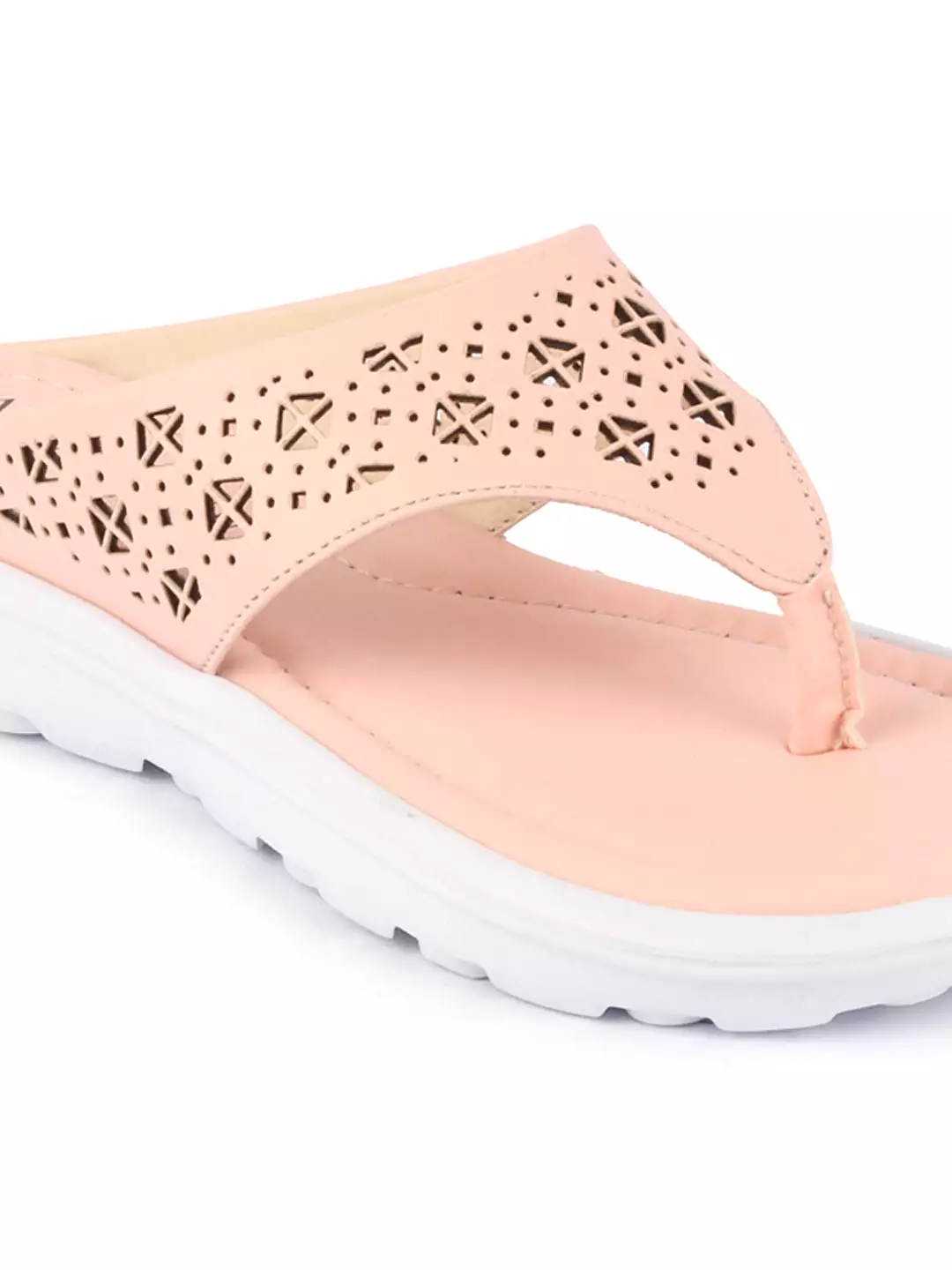 Women Pink Party Fashion Stylish Laser Cut Design Strap Thong Flats Wedges Slipper