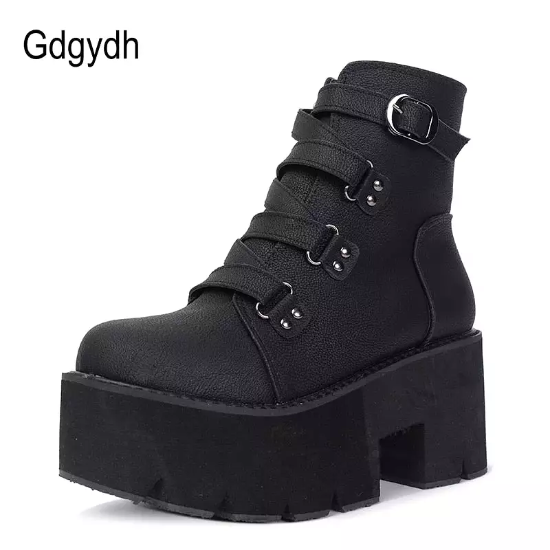 Women Platform Boots Rubber Sole Buckle Black Leather PU High Heels Shoes Woman Comfortable