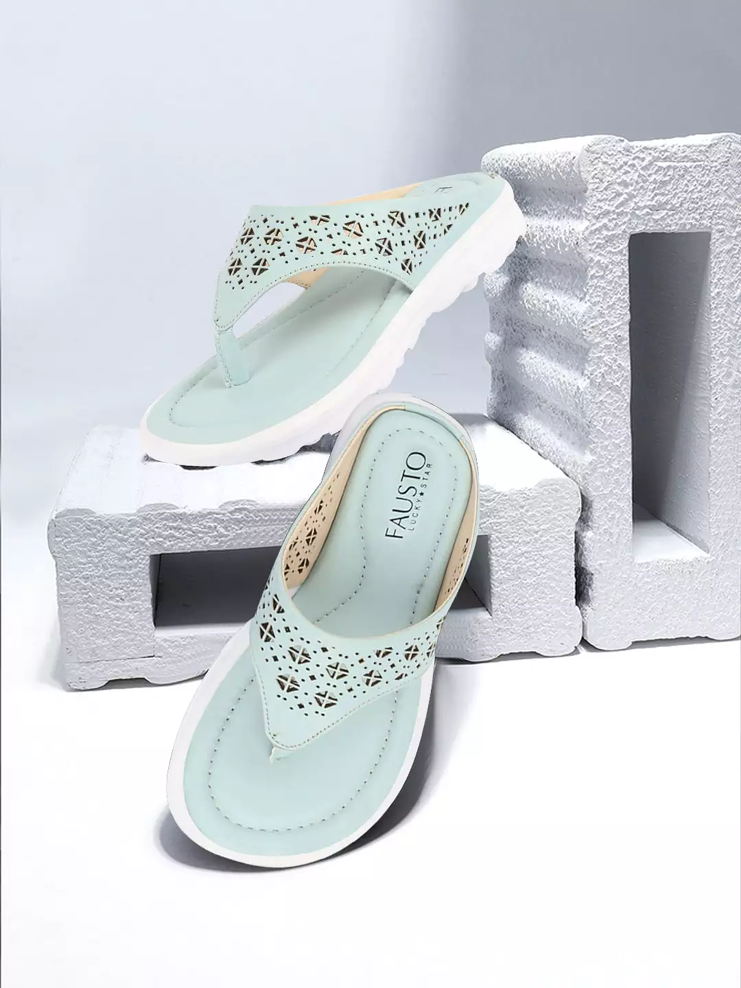 Women Sky Blue Party Fashion Stylish Laser Cut Design Strap Thong Flats Wedges Slipper