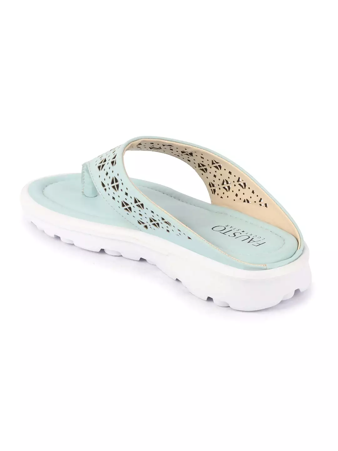 Women Sky Blue Party Fashion Stylish Laser Cut Design Strap Thong Flats Wedges Slipper