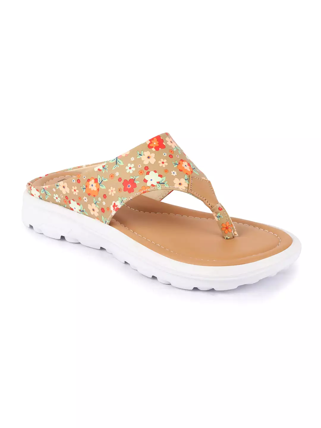 Women Tan Comfort Fashion Stylish Floral Print Design Strap Thong Flats Wedges Slipper